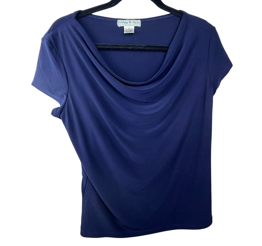 Cowl Neck Cap Sleeve Top Navy Blue Stretch Blouse Womens L Vintage Suzie